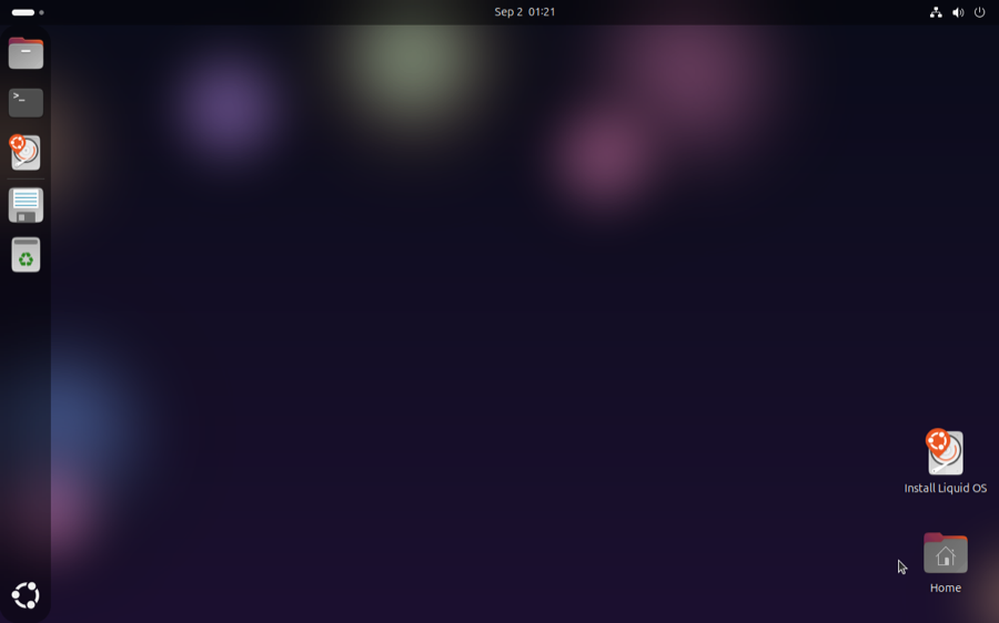 The Liquid OS desktop, running in QEMU